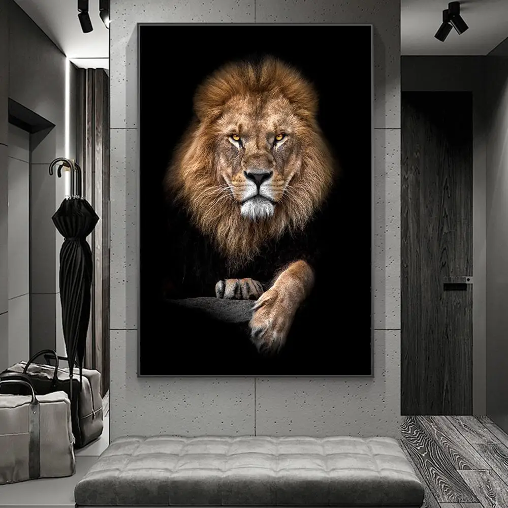 Posters and artistic impressions of African lion walls in the darkness, artistic images on animal canvases, home decor