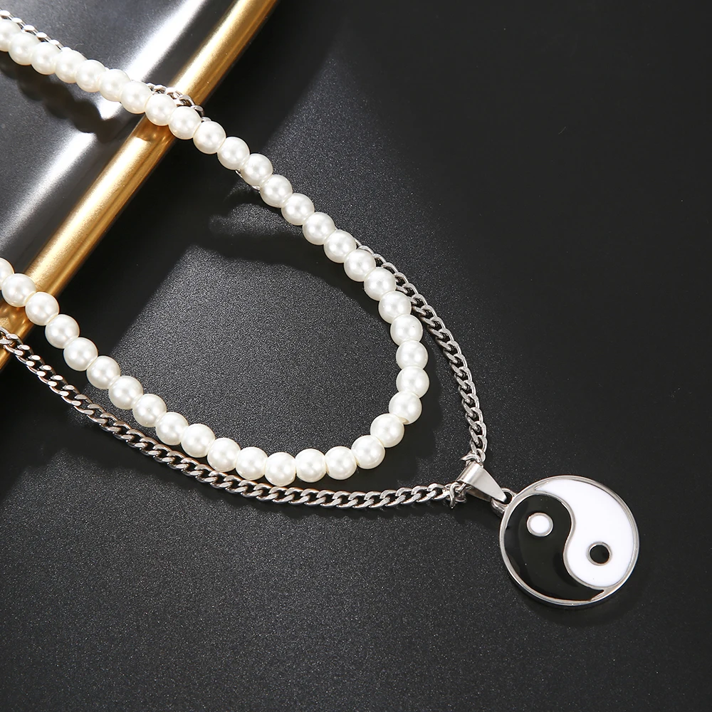 2023 Cool Tai Chi Yin Yang Pendant Charm Pearl Choker Fashion Vintage Multi-layer Necklace For Men Jewelry Accessories