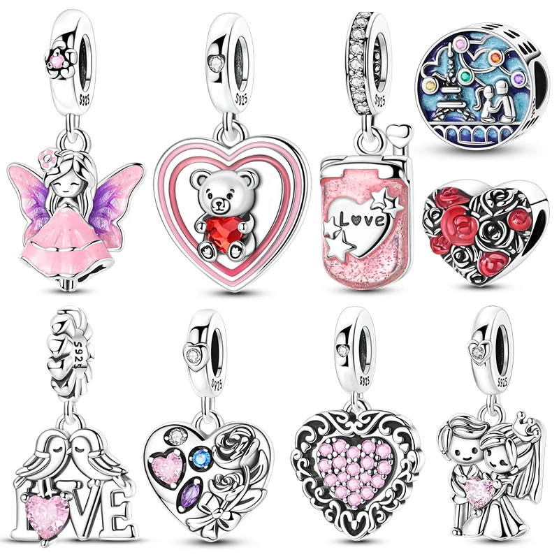 

925 Silver Pink Couple Dangle Charm Bead Fits 3mm Bracelet Bangle Necklace For Women Pendant Luxury DIY Jewelry Making Fine Gift
