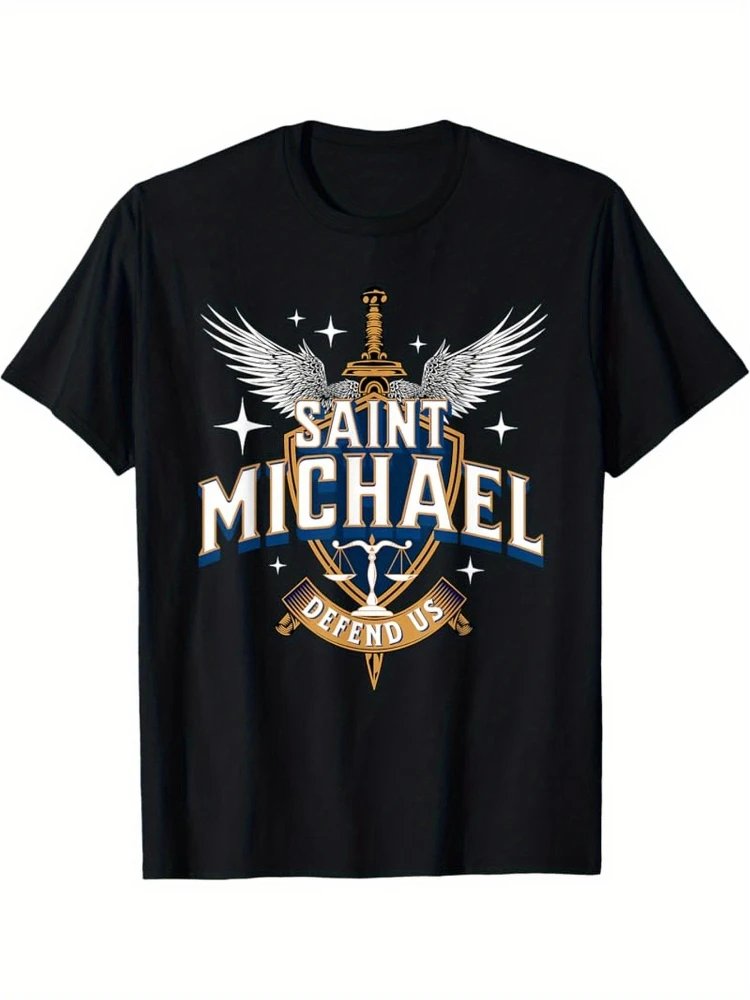 

Men's Catholic Saint Michael Archangel - Sword Design 100% cotton summer short sleeve O-neck printed T-shirt.