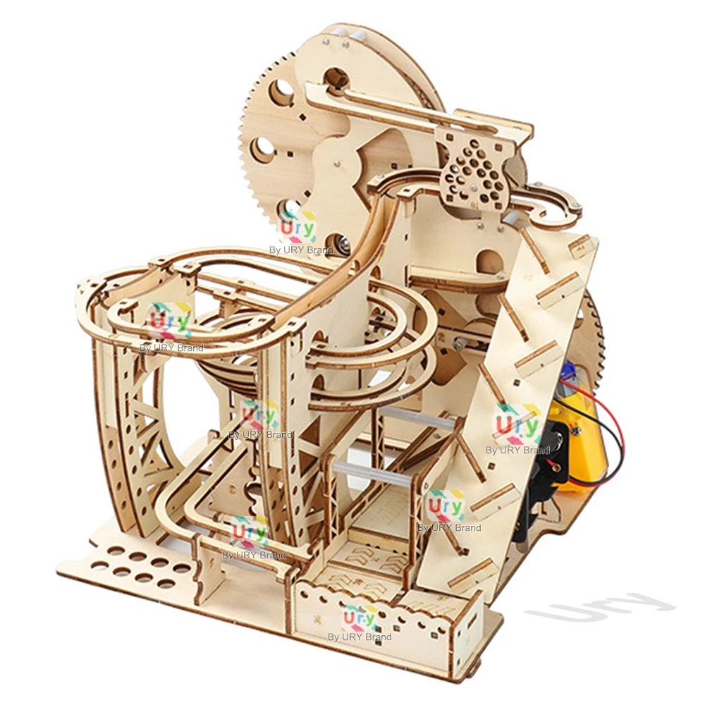 Ury ثلاثية الأبعاد الألغاز الخشبية الكهربائية الرخام تشغيل مجموعة المنجنيق جهاز المسار نموذج ميكانيكي كرات العلوم المتاهة الجمعية هدية للأطفال