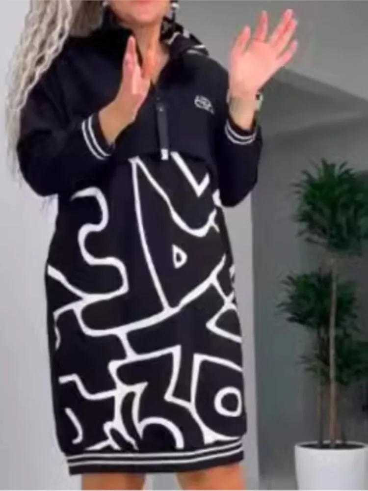 Spring Autumn Casual Dress Vestidos Long Sleeves Dresses Vestido Woman Simple Style All-match Contrast Printed Loose Homewears