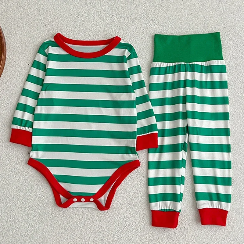 2024 Christmas Set Childrens Clothing Baby Set Red Green Stripes Winter New Baby Jumpsuit +Pants 2PCS Cute Childrens Clothing