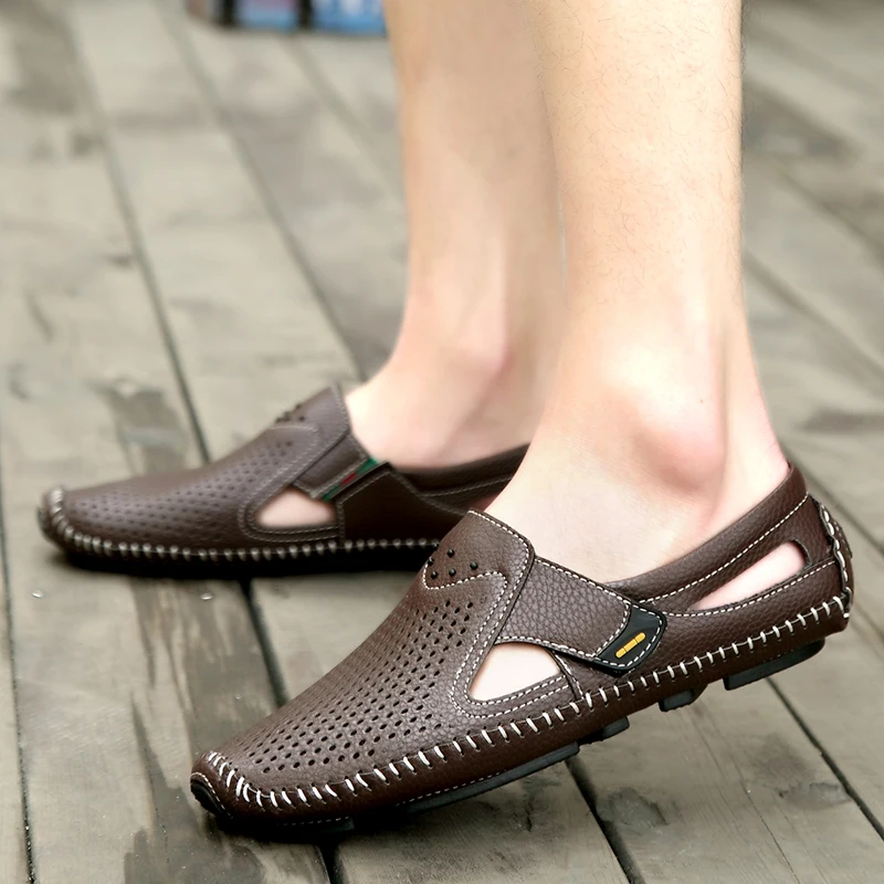 

Summer Mens Breathable Hollow Out Leather Loafers High Quality Slip on Flats Sneakers Low Shoes Ultra-light Beach Casual Sandals