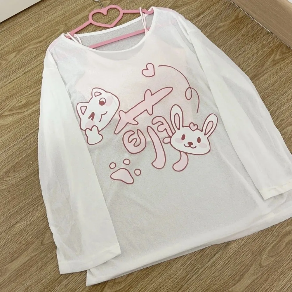 Y2k Tops Japanese Sunscreen Tops Women Cartoon Long Sleeve Summer Tees Casual Fashion Camisetas See Through Off Shoulder T-shirt