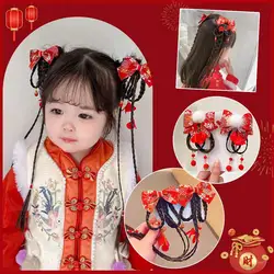 Chinese Style Fashion Hanfu Flower Tassel Headband Pigtail Wig Children's Pearl Bow Cartoon Cute Hairband New Year Headdress