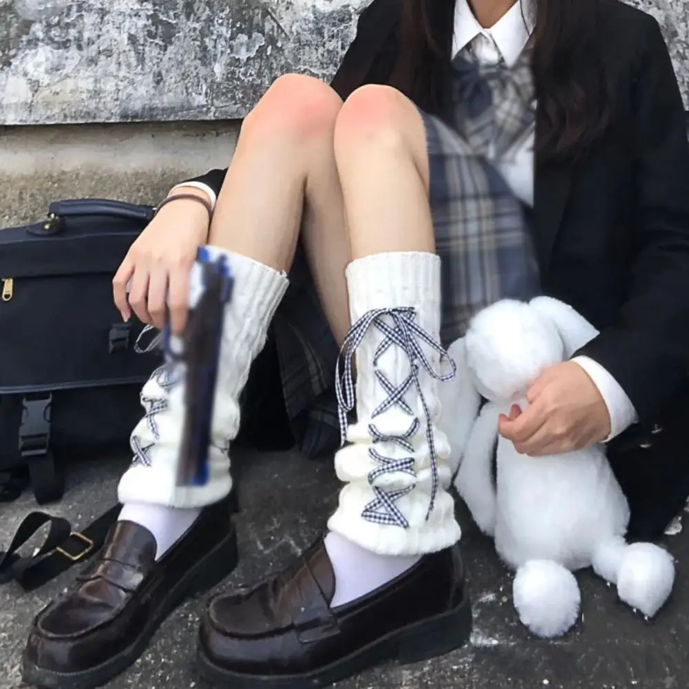 

1 Pair Winter Calf Covers Lace-up Ribbons Elastic Lolita Style JK Cosplay Performance Daily Wear Sports Outing Leg Warmers