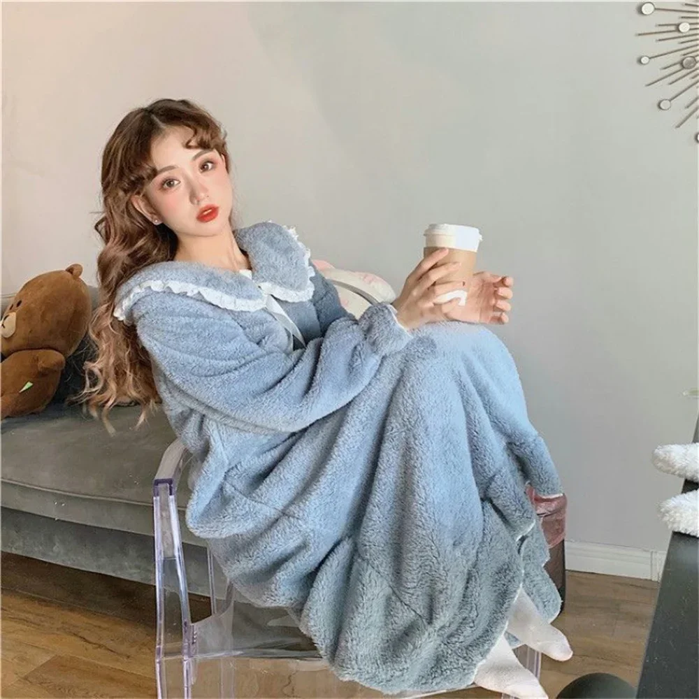 Korean Fashion Coral Fleece Nightgowns Women Sweet Hooded Homewear Thick Warm Winter New Bow Lace Lovely Midi Solid Soft Female