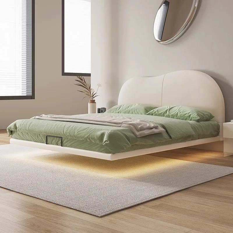 

Floating Minimalist Bed Modern Cream Fashionable High Quality Confortable Bed Design Genuine Leather Wood Cama Casal Furniture