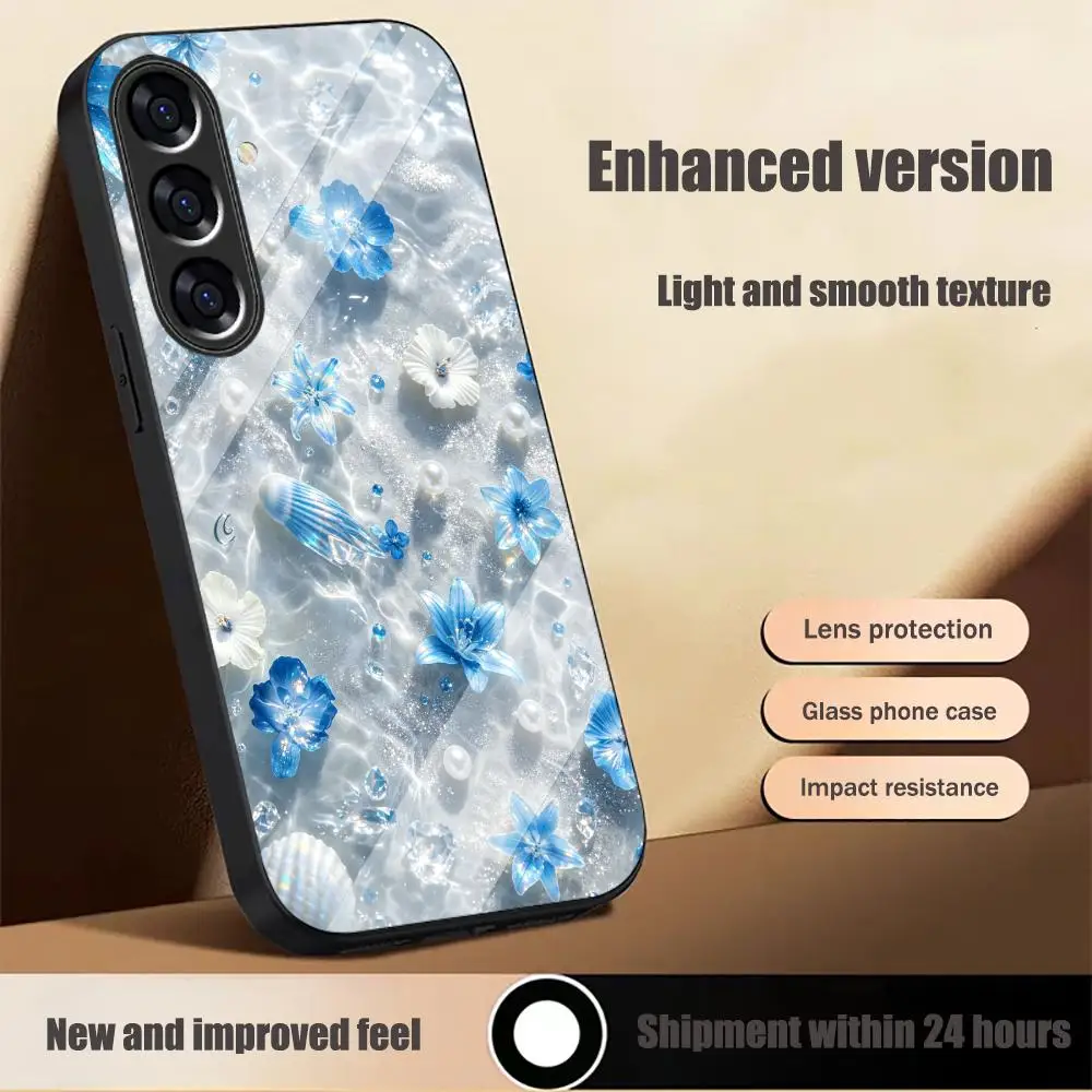 Blue Floral Pattern Tempered Glass Phone case for Samsung GalaxyS26 25 24 23 22Plus Ultra Anti-drop Anti-Scratch Hard Full Cover