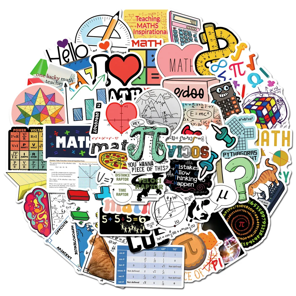 50 Pcs Math‑Themed Cartoon Waterproof Graffiti Stickers for Rewards, Skateboards & Water Bottles