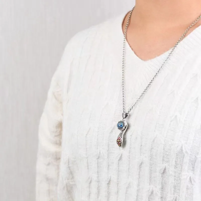 silver 925 Ruyi Lotus flower Pendant for Women Ethnic Style Colorful Enamel Craft Necklaces Classic and Exquisite Jewelry