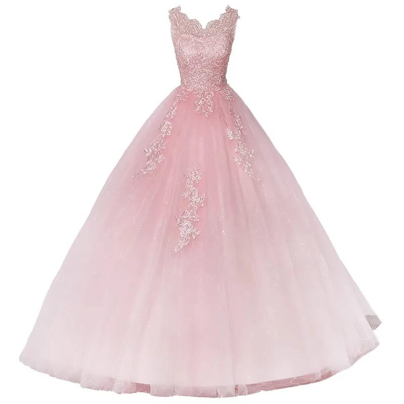 Vestido de quinceañera rosa sin mangas, traje de noche con apliques de encaje, largo hasta el suelo, con flores bordadas, para baile de graduación, novedad de 2024