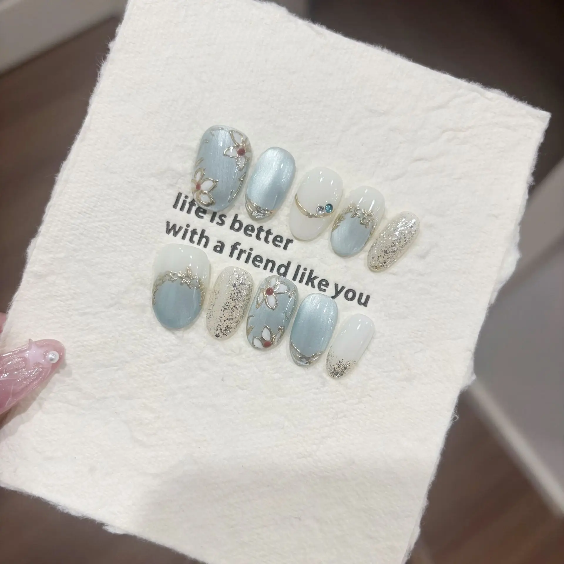 10개 짧은 타원형 수제 프레스온 네일 고양이 눈 모양 가짜 네일 심플 풀커버 네일 팁 네일팁 네일팁