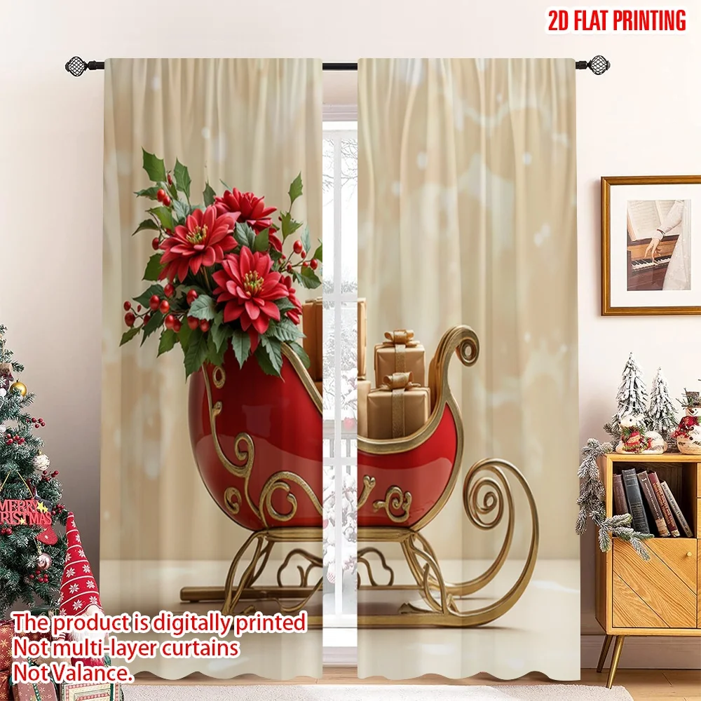 

2pcs 2D flat printing Merry Christmas Popular Window Curtains Christmas Sleigh Gifts Poinsettias Polyester Without Electricity