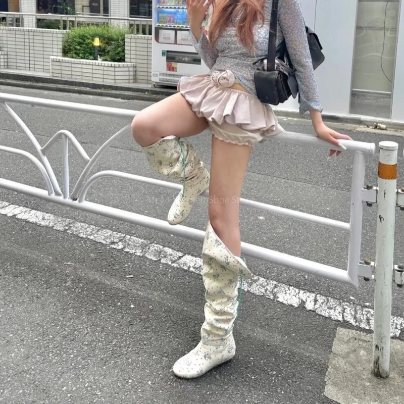 

Women Over The Knee Boots Cute Cinnamoroll Cartoon Rabbit Print Flat Sole Slouchy Back Lace Up Soft Leather Sweet Footwear