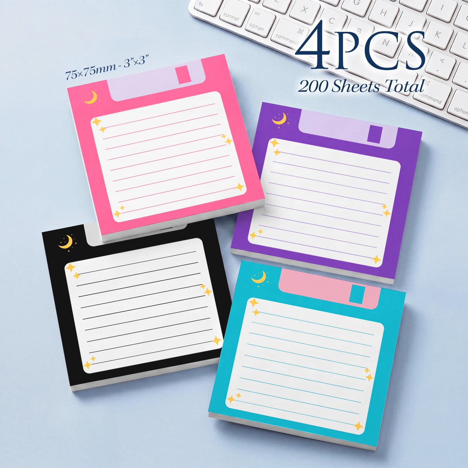 4 Pcs 200 Sheets Total Floppy Disk Sticky Notes, 75x75mm 3x3 Inch, Retro Computer Lined Memo Pads, Vintage Self-Adhesive