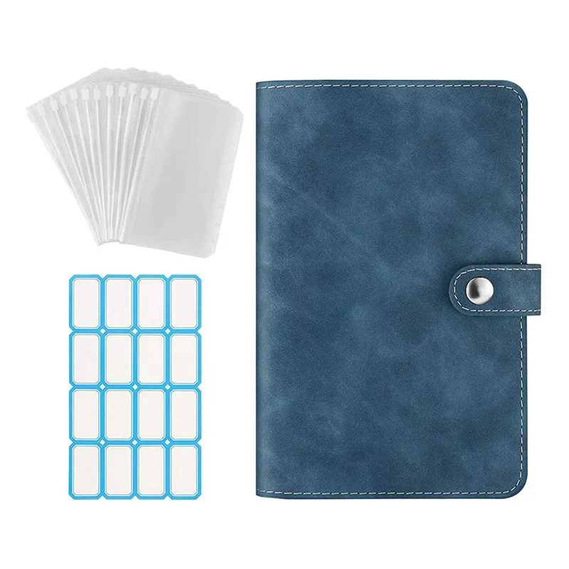 Carpeta de cuaderno de 6 anillas, carpeta de cuero PU, cubierta de carpeta de cuaderno PU + Metal + PVC con carpeta de plástico transparente A6, bolsa tipo sobre azul