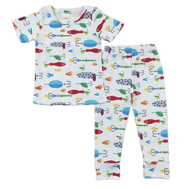 Baby Boy Fishing Sleepwear Baby Kid Short Sleeves Shirt Tee Set Toddler Outfit Nightclothes Children Pants Spring Fall Pajamas