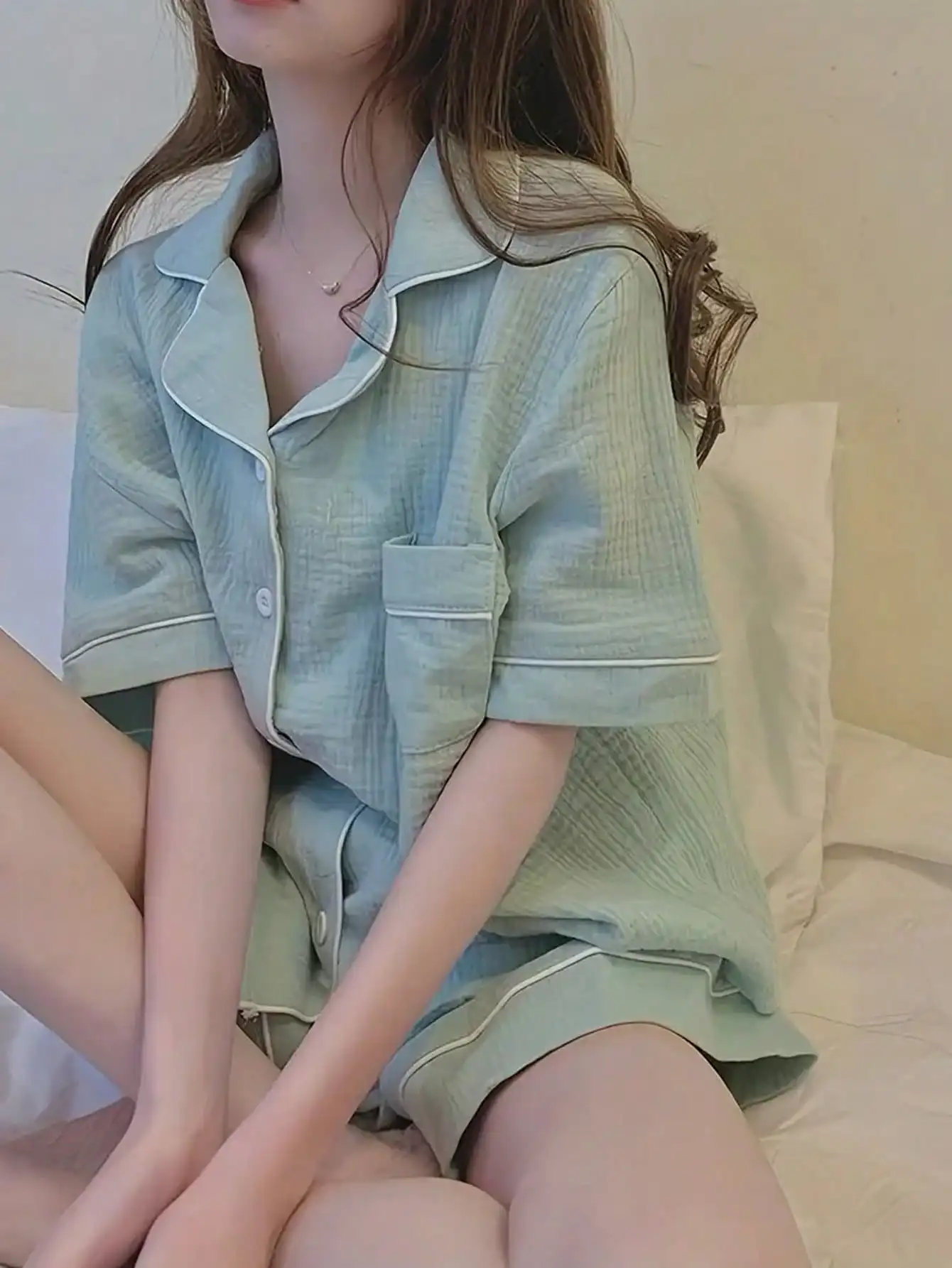 

2-Piece Mint Green Loose Short Pajama Set for Women, Button-Up Top & Shorts