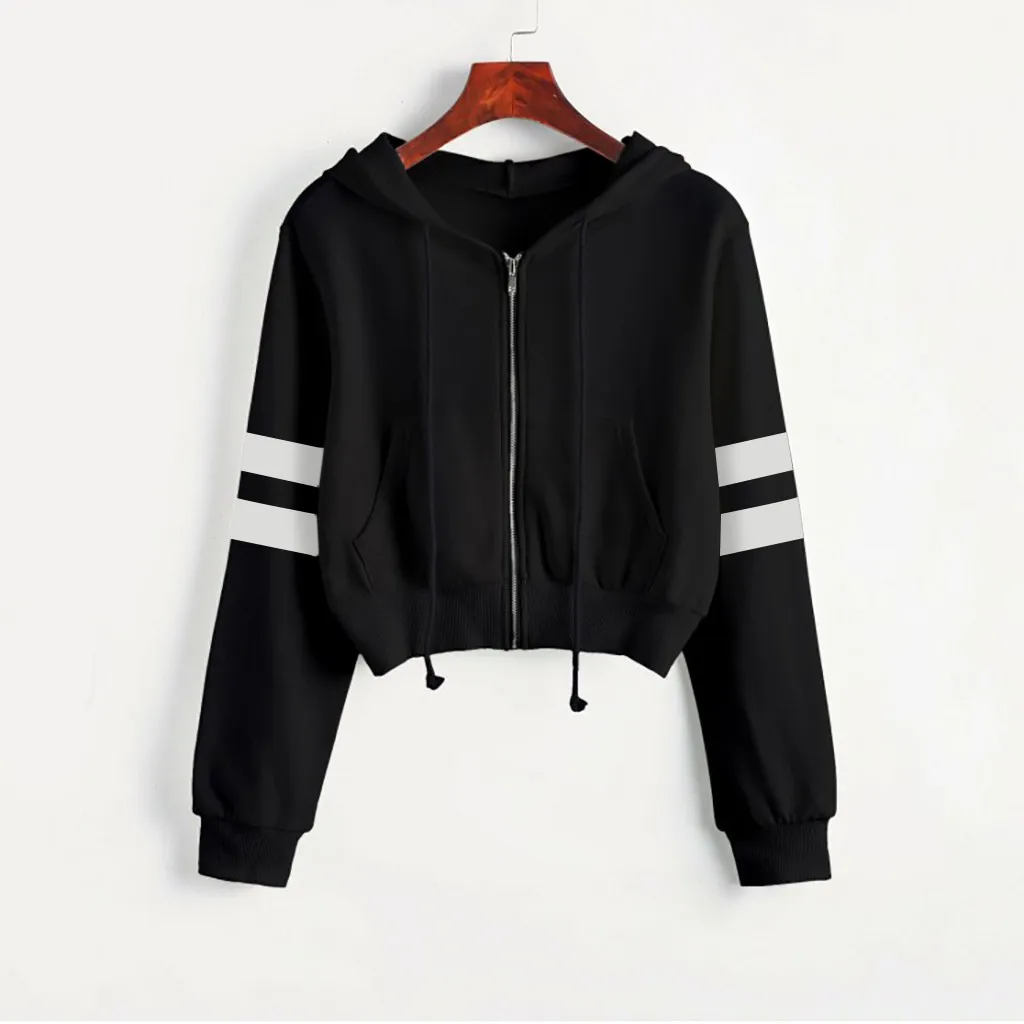 Harajuku Zipper Cropped Hoodies For Women Y2K Kawaii Korean Fashion Kpop Zipper Hooded Short Sweatshirts Stripe Sleeve Jackets