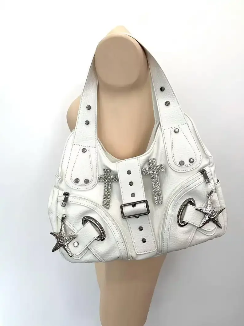 Rhinestone Cross  Starfish Charm Handbag Punk Gothic Multi-pocket Faux Leather Tote Bag White Y2K Hobo Shoulder Bag