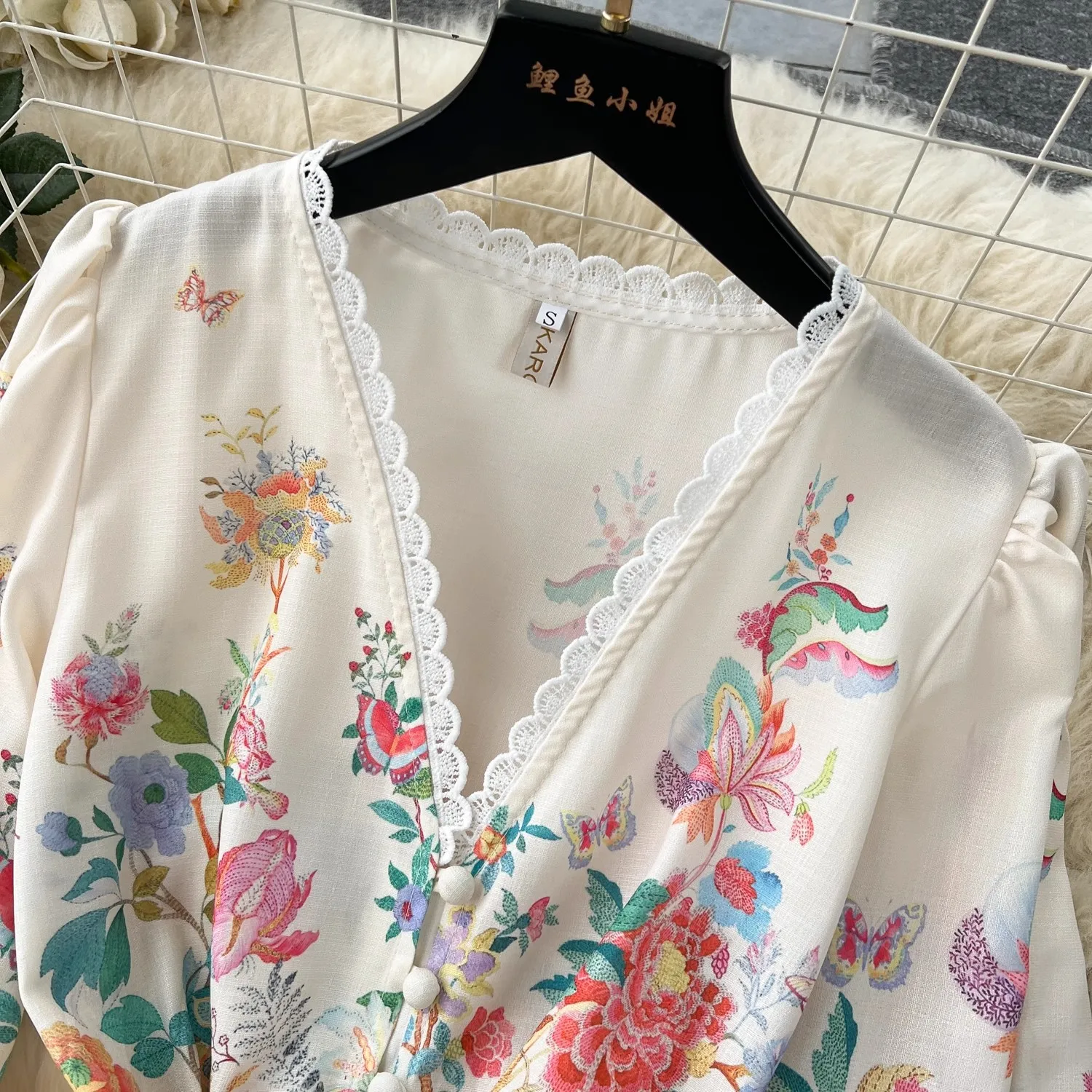 Summer Holiday Flower Robe Dress Women Lace Splicing V-Neck Long Lantern Sleeve Sashes Floral Print Maxi Vestidos Clothes 6272