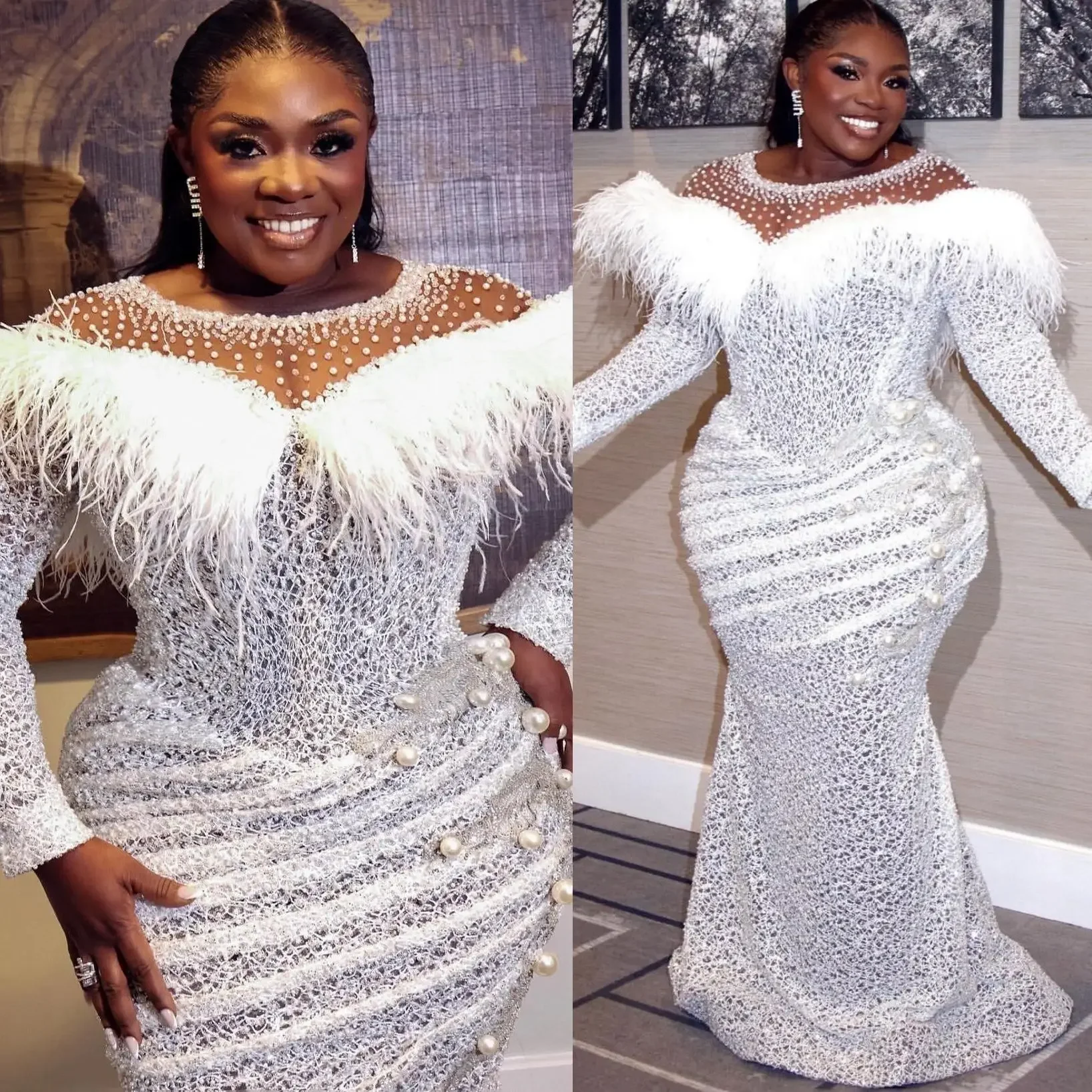 Customized Arabic Plus Size White Wedding Dresses Pearls Feather Lace Sheer Neck Vintage Elegant Bridal Gowns Dress