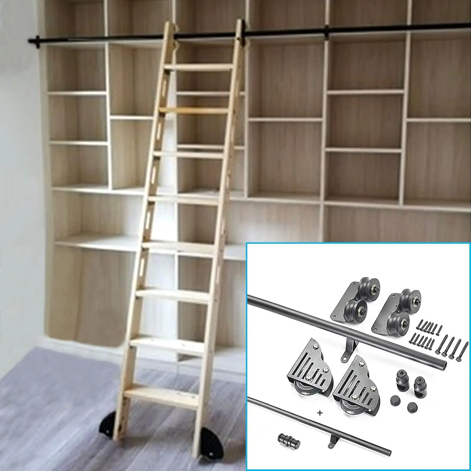 Stand Up Black Rolling Home Office Library Hardware Sliding Barn Door Kit (No Ladder) 3.3Ft-20Ft,Steel Round Tube Mobile Ladder