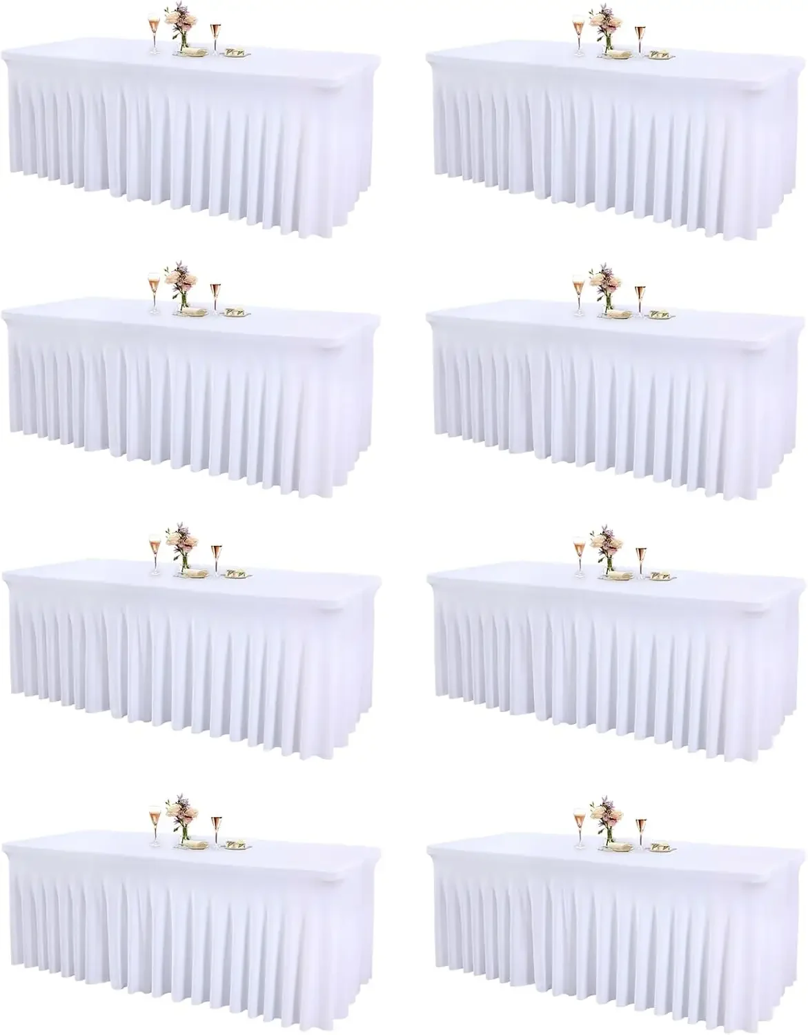8 Packs White Spandex Table Covers 6 Foot, Fitted Stretch Table Cloth with Skirts 72x30 Inch, Wrinkle-Free Floor Length Rectangl