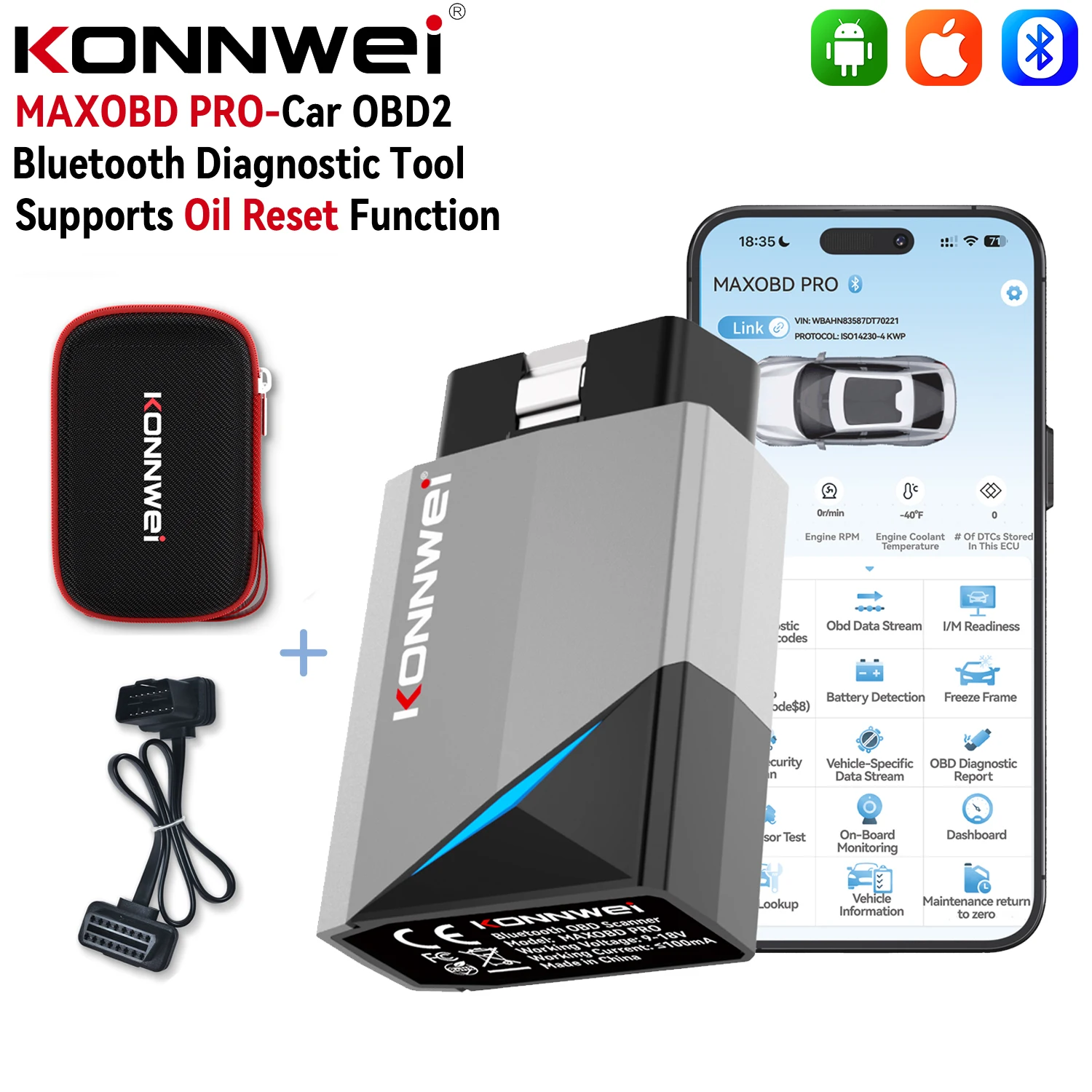 KONNWEI MAXOBDPRO Car OBD2 Bluetooth Diagnostic Scanner with Oil Change Reset Function Car OBD Diagnostic Tool