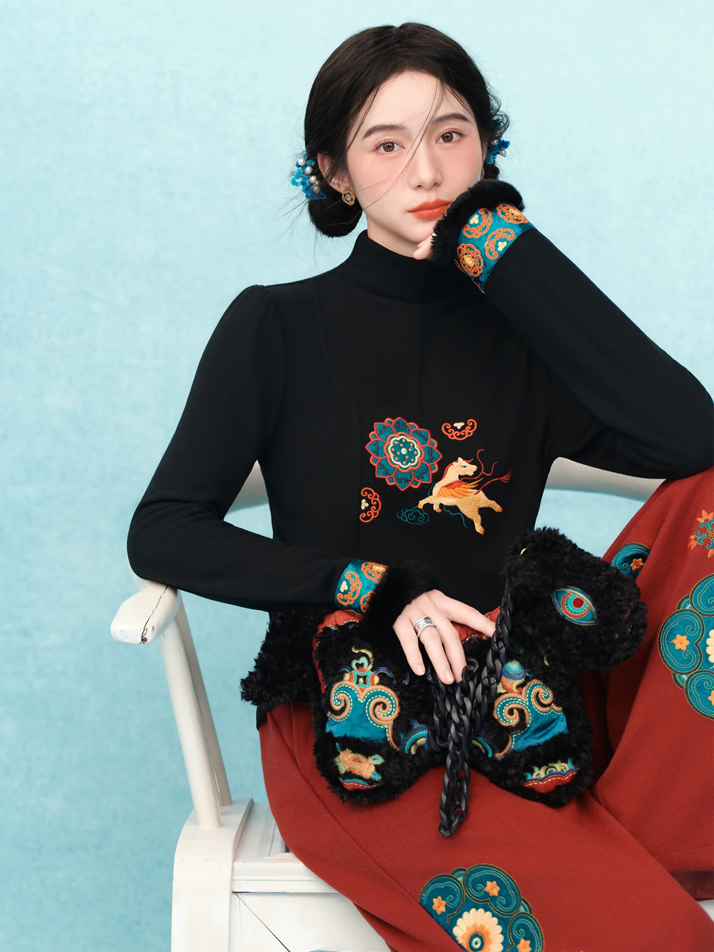 

Женская вязаная кофта Sulo с высоким воротником, вышивкой и бархатным эффектом, в стиле ретро, с животным принтом, зимняя, свободного кроя