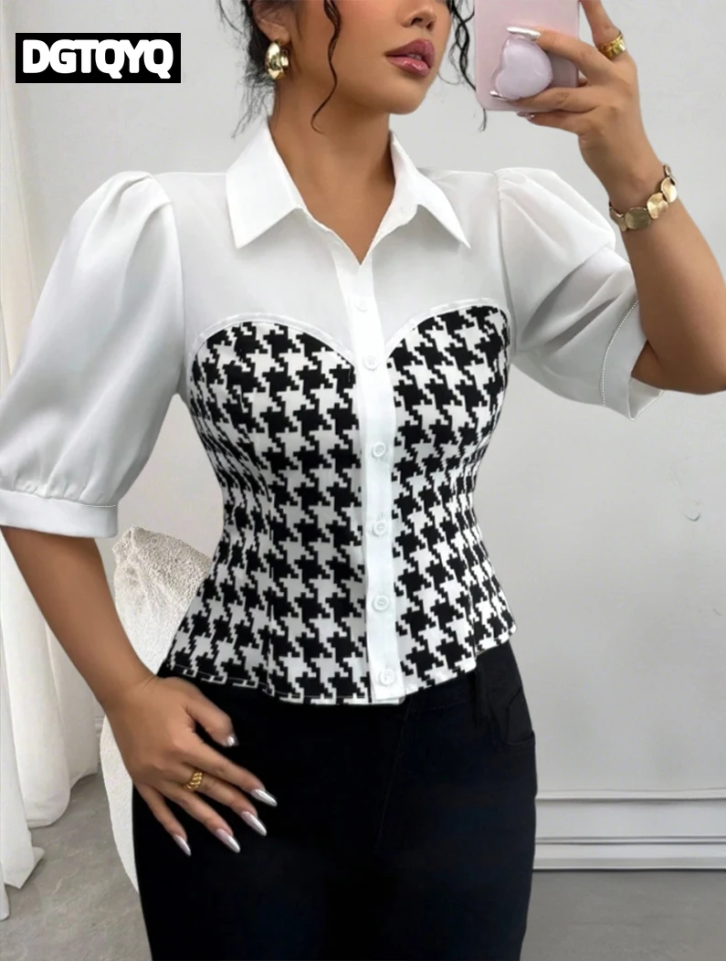 Polo Collar Stitching Houndstooth Shirt Women's Summer Design Sense Niche Pure Desire Sweet Hot Girl Short Puff Sleeve Top