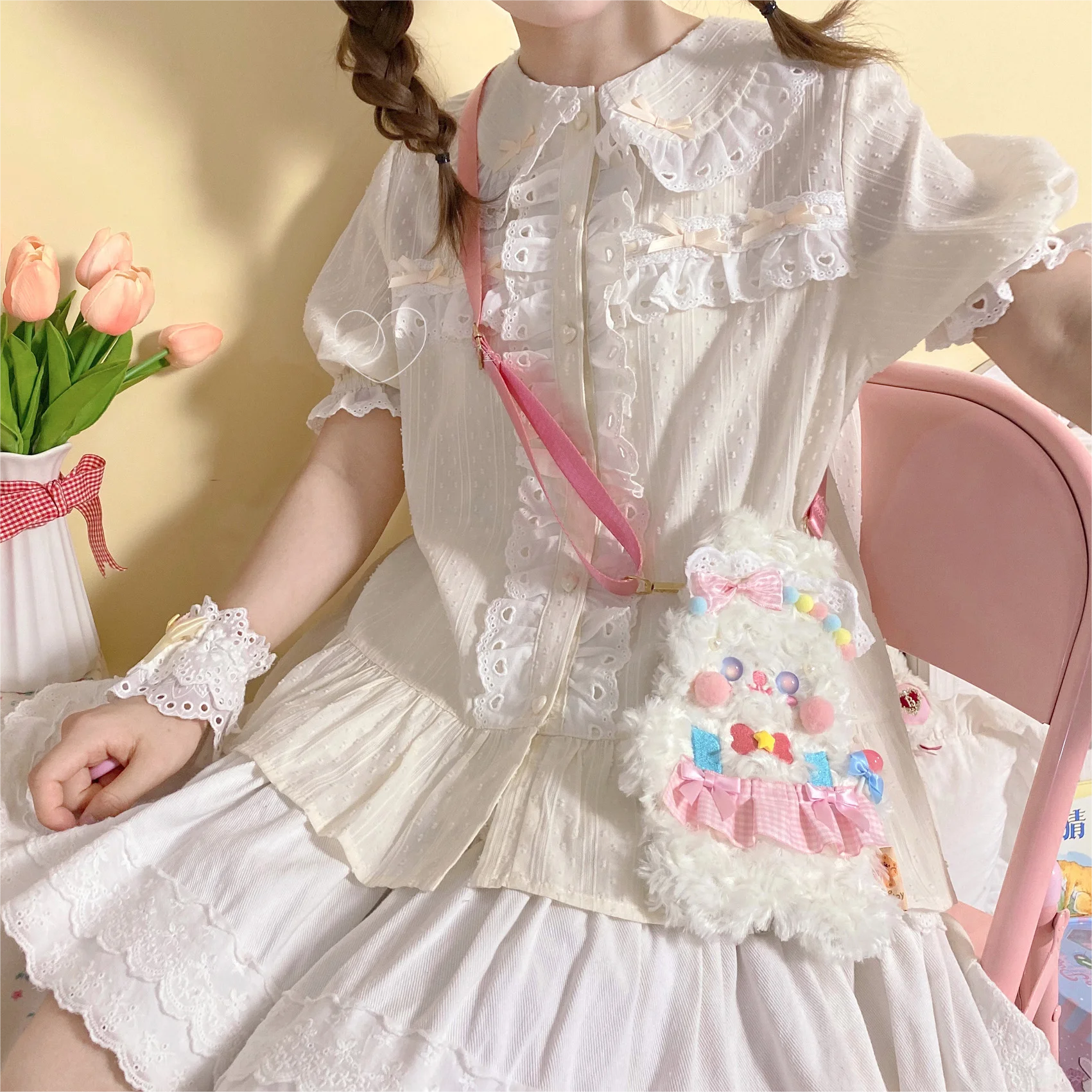 Girl Sweet Elegant All-Match Lolita Inner Cotton Shirts Women Japanese Summer Fashion Peter Pan Collar Casual Y2k Pink Blouses