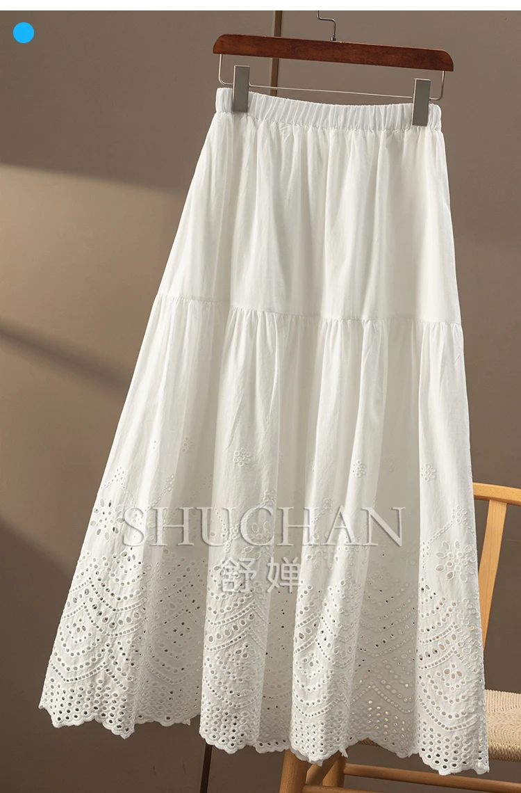 Hollow Out Embroidery Elastic High-waisted Pure Cotton A-shaped Skirt Women 31B8 Faldas Mujer Moda 2025