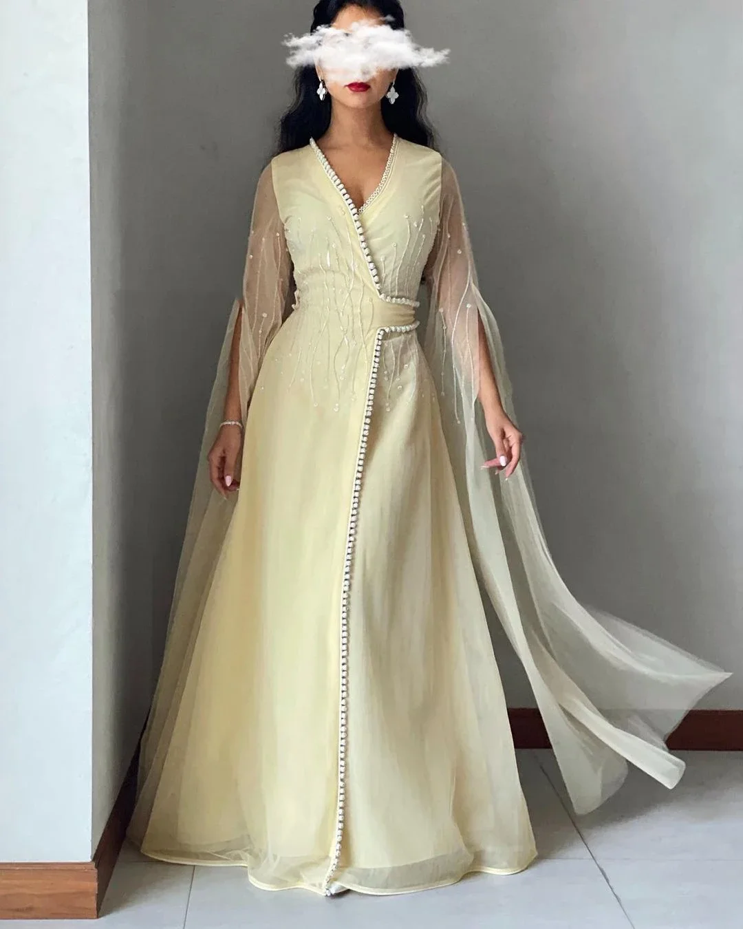 Long Sleeves Prom Dresses V Neck Beaded Evening Dresses Moroccan Special Occasion Dresses Saudi Arabia Wedding Party Dress