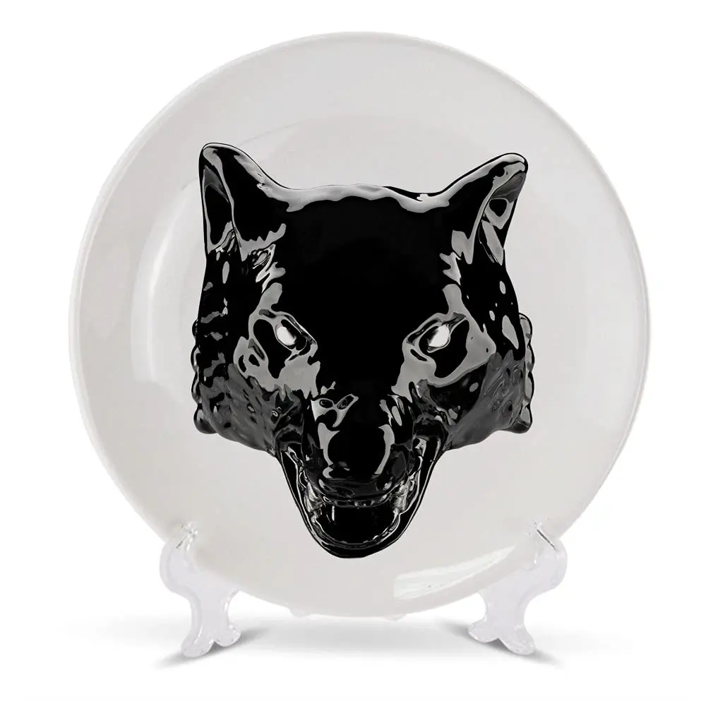 Mechanical Wolf Head Decorative Plate Ceramic Round Dish Lone Wolf Howling Jewelry Storage Dish Artistic Desktop Plate Fashion