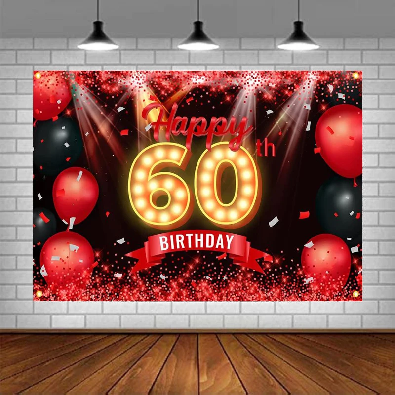 

Photography Backdrop 60th Birthday Red And Black Banner Decorations Background For Women Men Party Supplies Glitter Poster