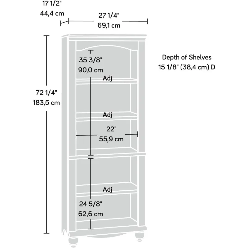 Półka na książki biblioteczne/regał na książki z 5 półkami i trzema regulowanymi półkami, 17,5" głębokość x 27,25" szer. x 72,25" wys., wykończenie w kolorze antycznego białego