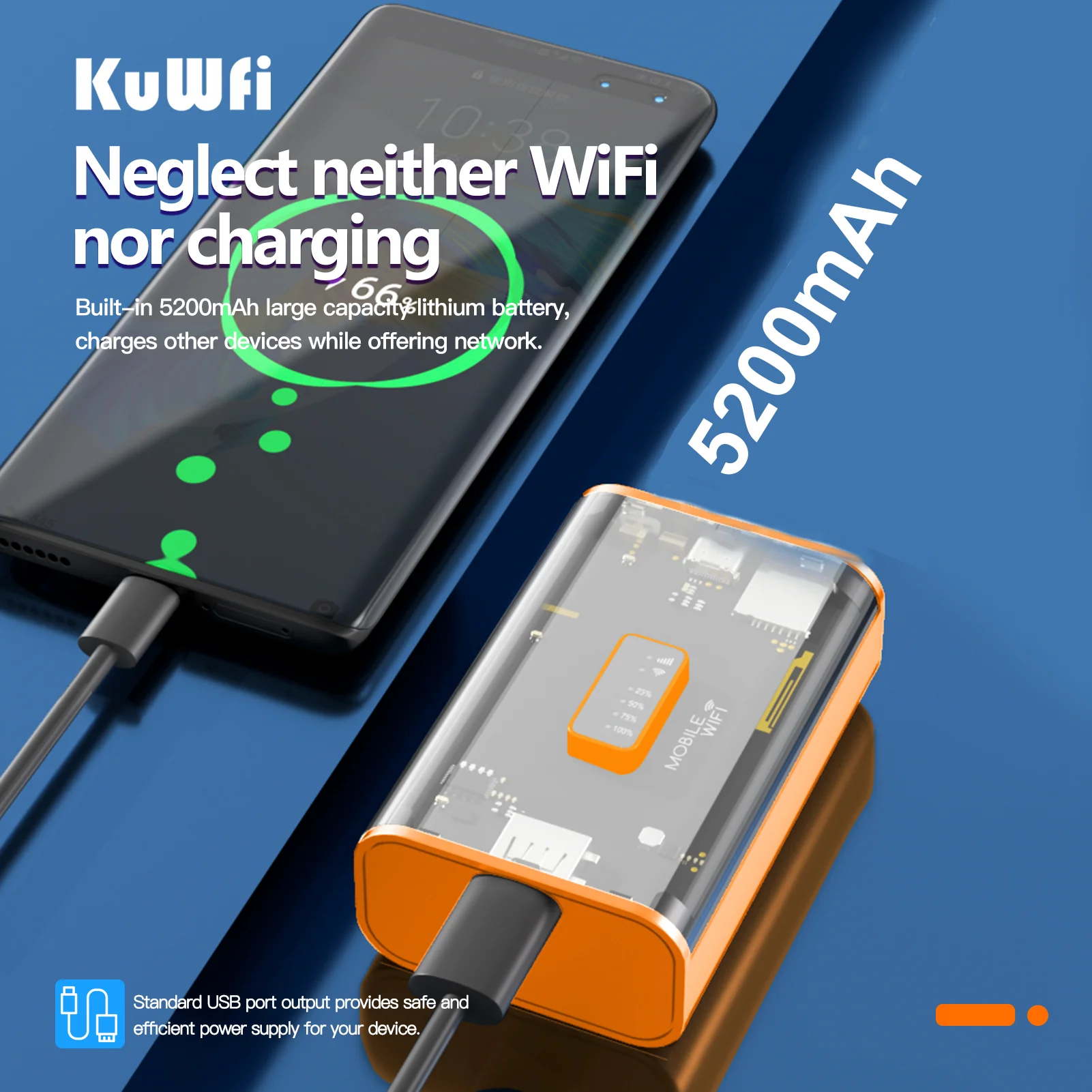 KuWFi 5200mAh 4G Mobile Router 150Mbps Proteble Travel LTE Router USB Output TypeC Charging Wireless WiFi Hotspot for 10 Users