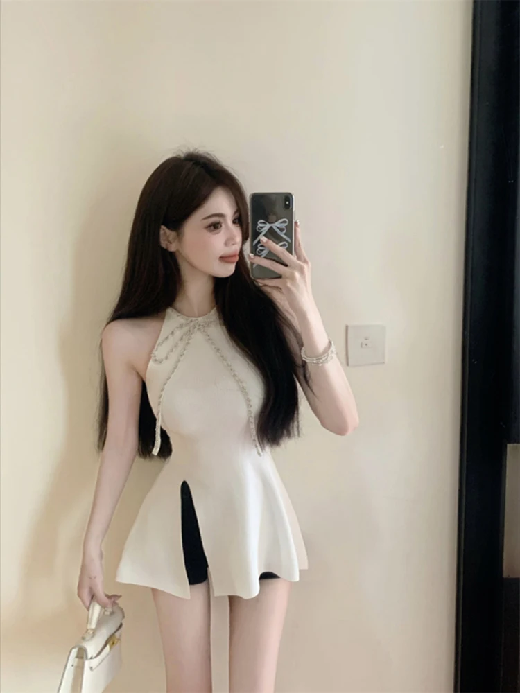 Vintage Bow Rhinestone Sexy Split Knitted Camisole Women 2024 Summer New Korean Solid Color All Match Halter Tops