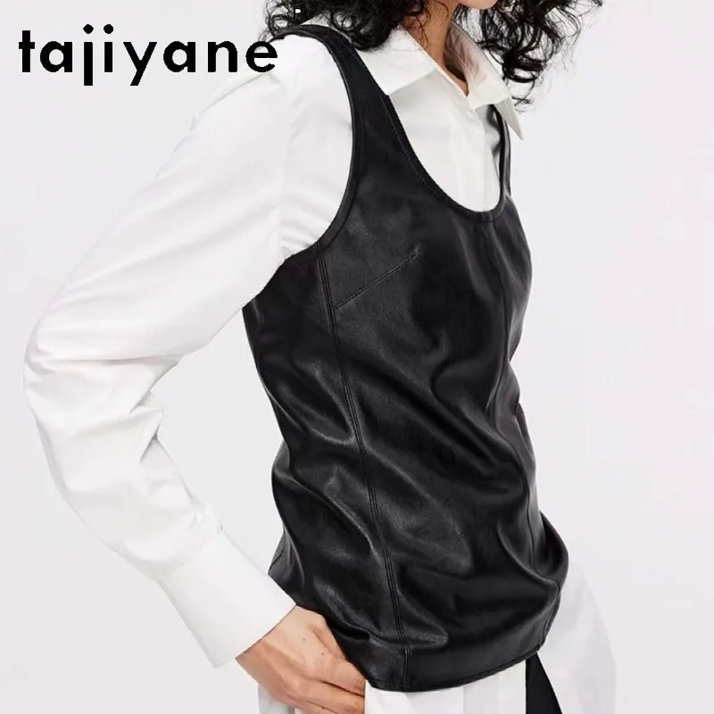 TAJIYANE Genuine Leather Jacket Women Spring Summer Waistcoat Sheepskin Leather Vest Chic Jackets Slimming Black Veste Femme New