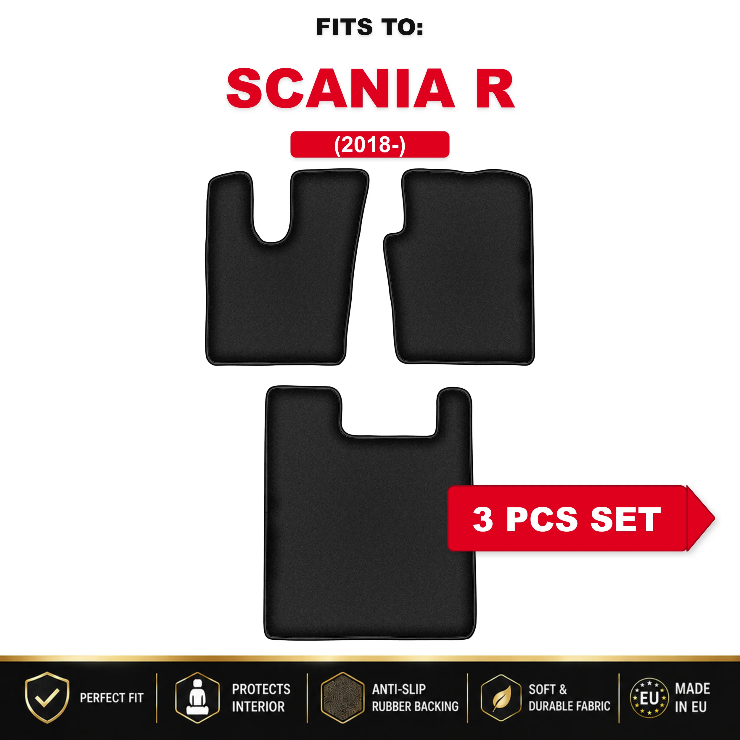 Zwart velours autovloermatten, 3 stuks Voor: Scania R 2018 - bijpassende automattenset voor vrachtwagens