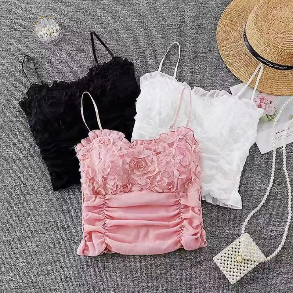 Womens Tank Tops  Pleated  Spaghetti Strap Korean Fashion Camisole Chic Slim 3d Backless  Curved Hem Crop Top 2025 Clothing