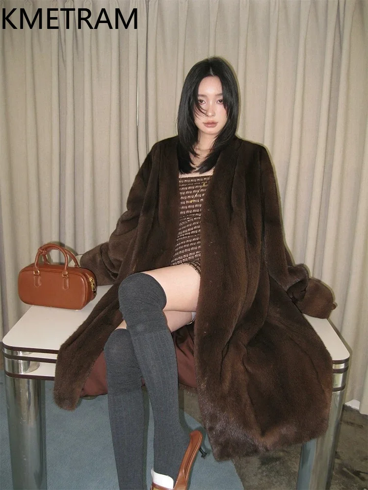 KMETRAM Natural Velvet Mink Fur Jacket Women Luxury V-Neck Long Coats Warm Winter Real Fur Coat Woman Clothing 95cm 2026 jaqueta