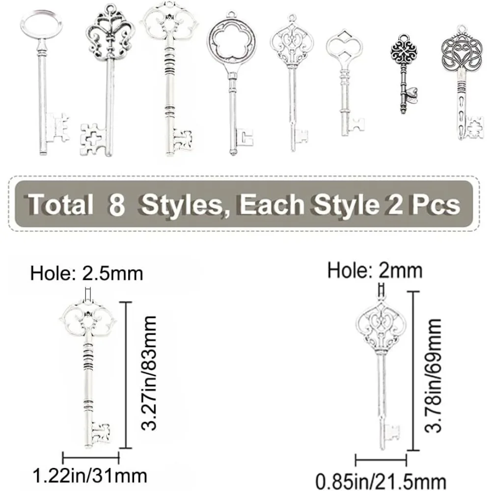 16Pcs 8 Style Skeleton Keys Charms Vintage Keys Alloy Big Pendants for DIY Art Craft Jewelry Making Necklace Craft