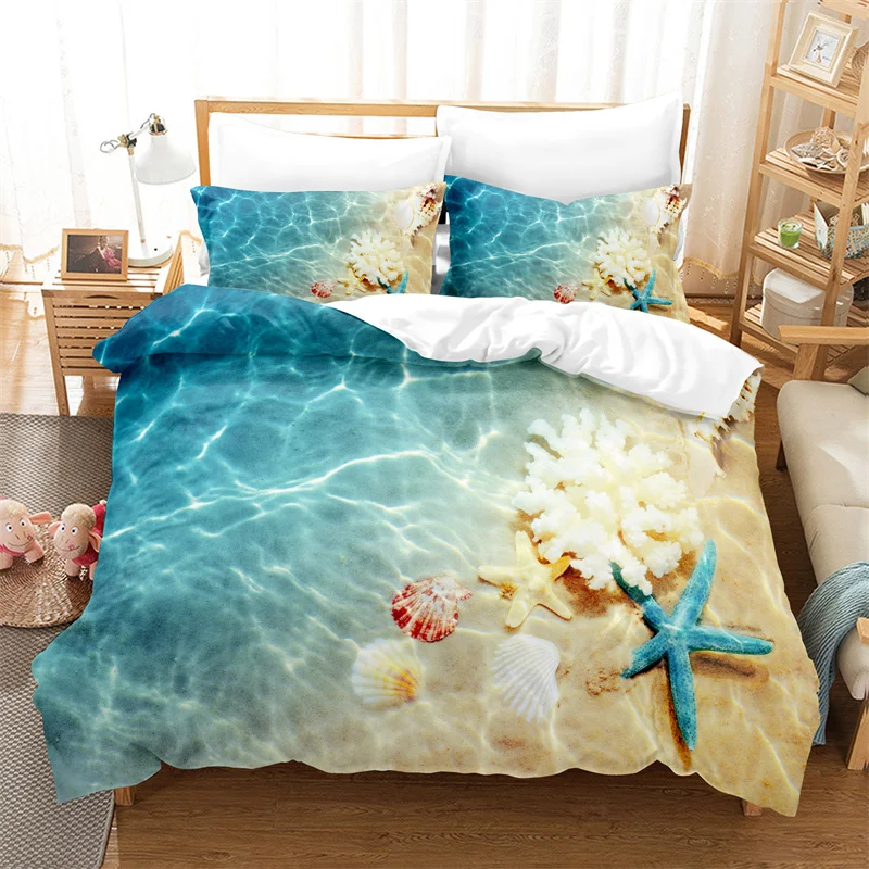 Ocean，Beach Starfish Duvet Cover Set Seaside Bedding Set Queen Size Bed Comforter Cover Set Boy Girls Bedroom Decor Bedding Sets