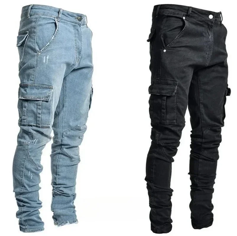 New Men Fahsion Casual Trousers Jeans Pants Wash Solid Color Multi Pockets Denim Mid Waist Cargo Jeans Plus Size Male Daily Wear