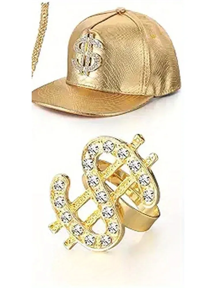 Das 3-teilige Hip-Hop-Outfit enthält eine verstellbare Halskette mit Button-Down-Hut-Dollar-Logo und einen Hip-Hop-Dollar ring