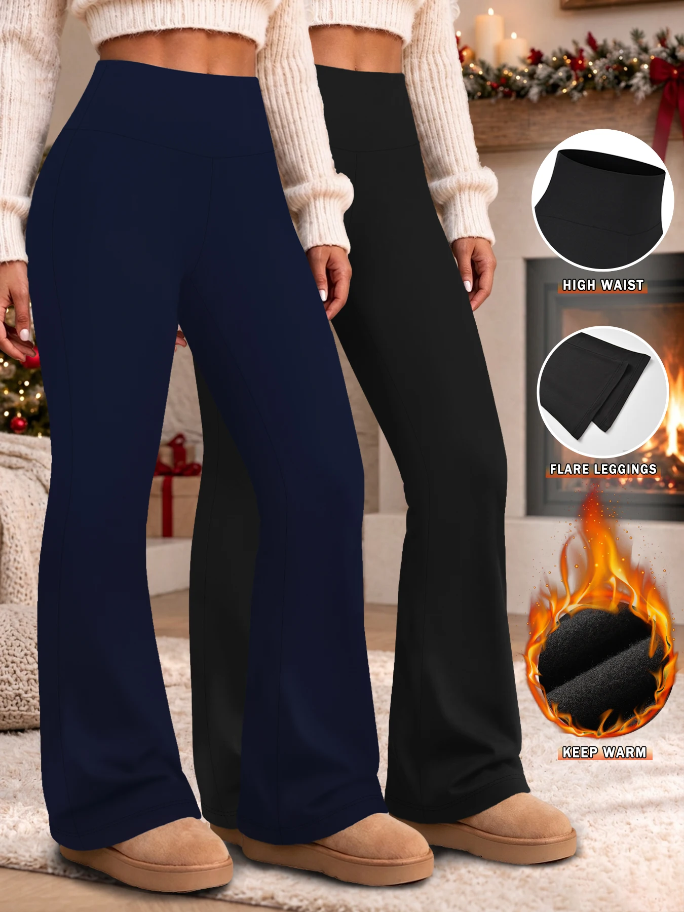 2 pcs High Waisted Fleece lining Flare Leggings for Women - Super Soft Pants with Tummy Control, Perfect for Yoga Practice